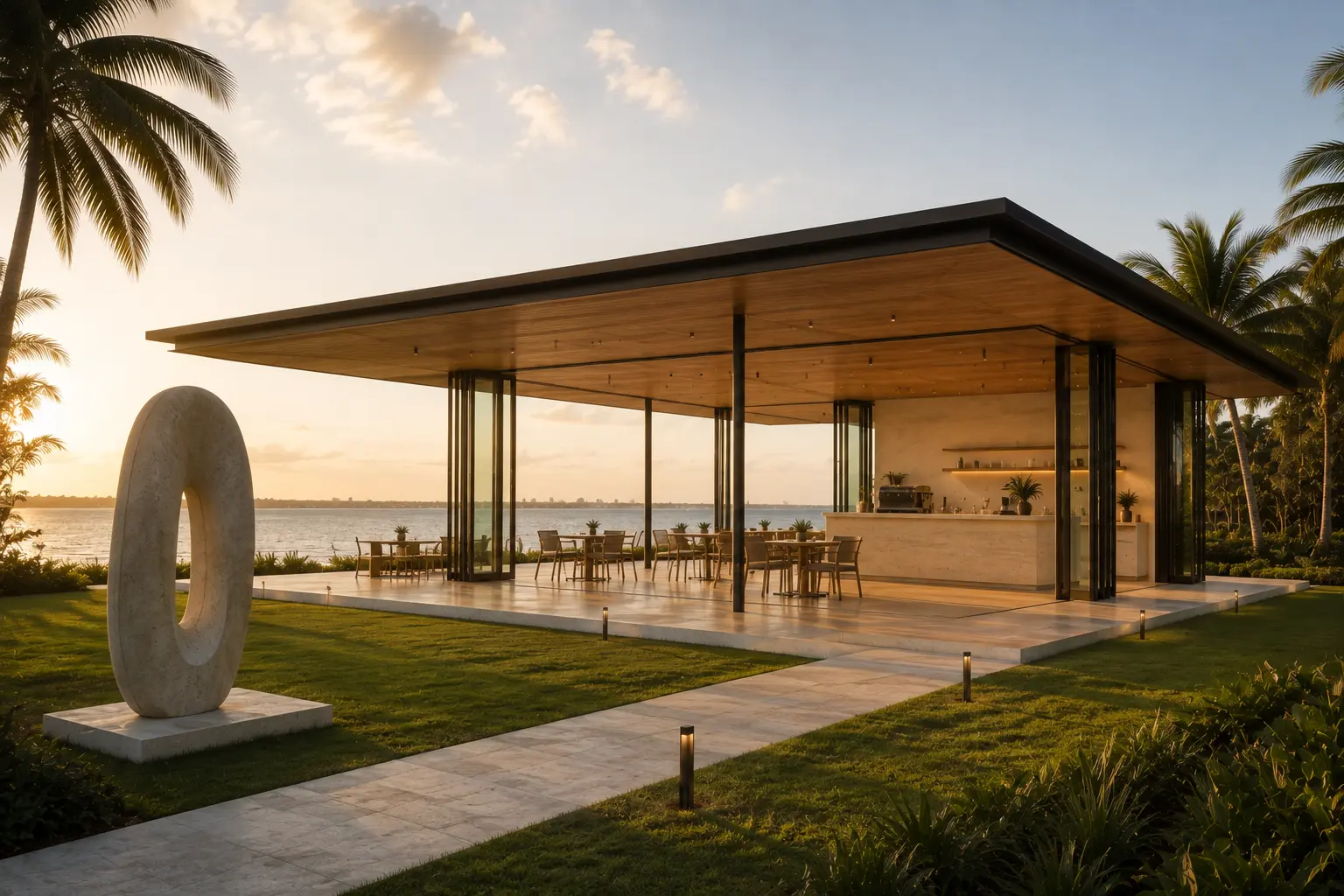 Open-air waterfront pavilion with cantilevered timber roof and stone sculpture at sunset