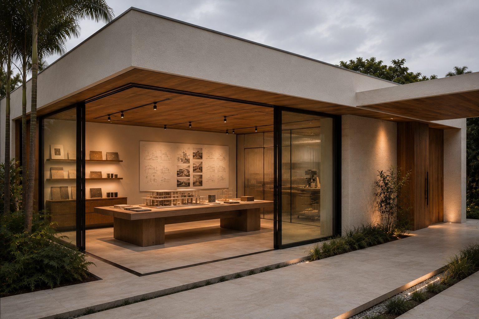 Open-plan architecture studio at dusk with sliding glass walls and timber model table