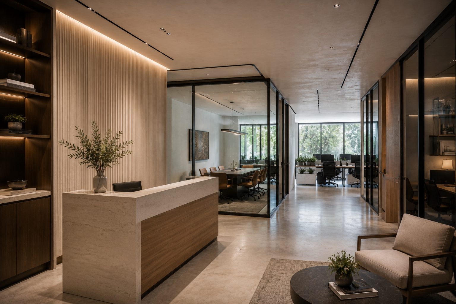 Office reception with travertine desk, fluted wall and glass-walled meeting room