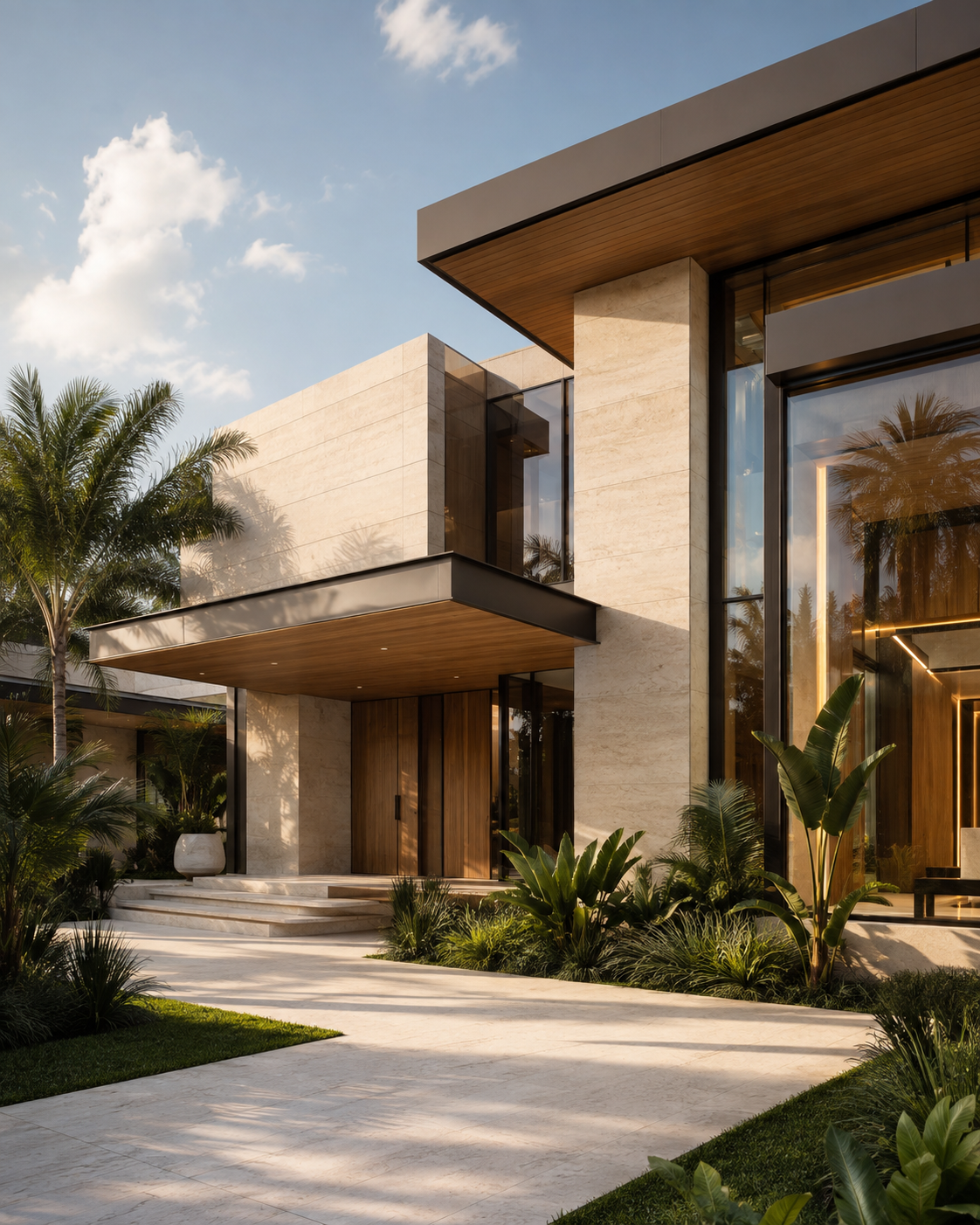 Featured project — modern travertine residence at golden hour, South Florida