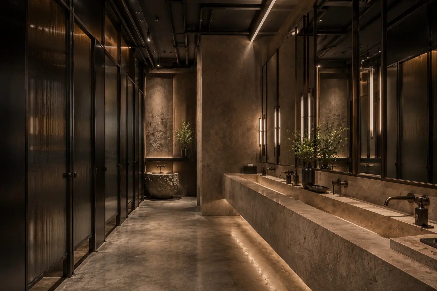 Moody stone washroom with monolithic travertine trough basin and linear lighting