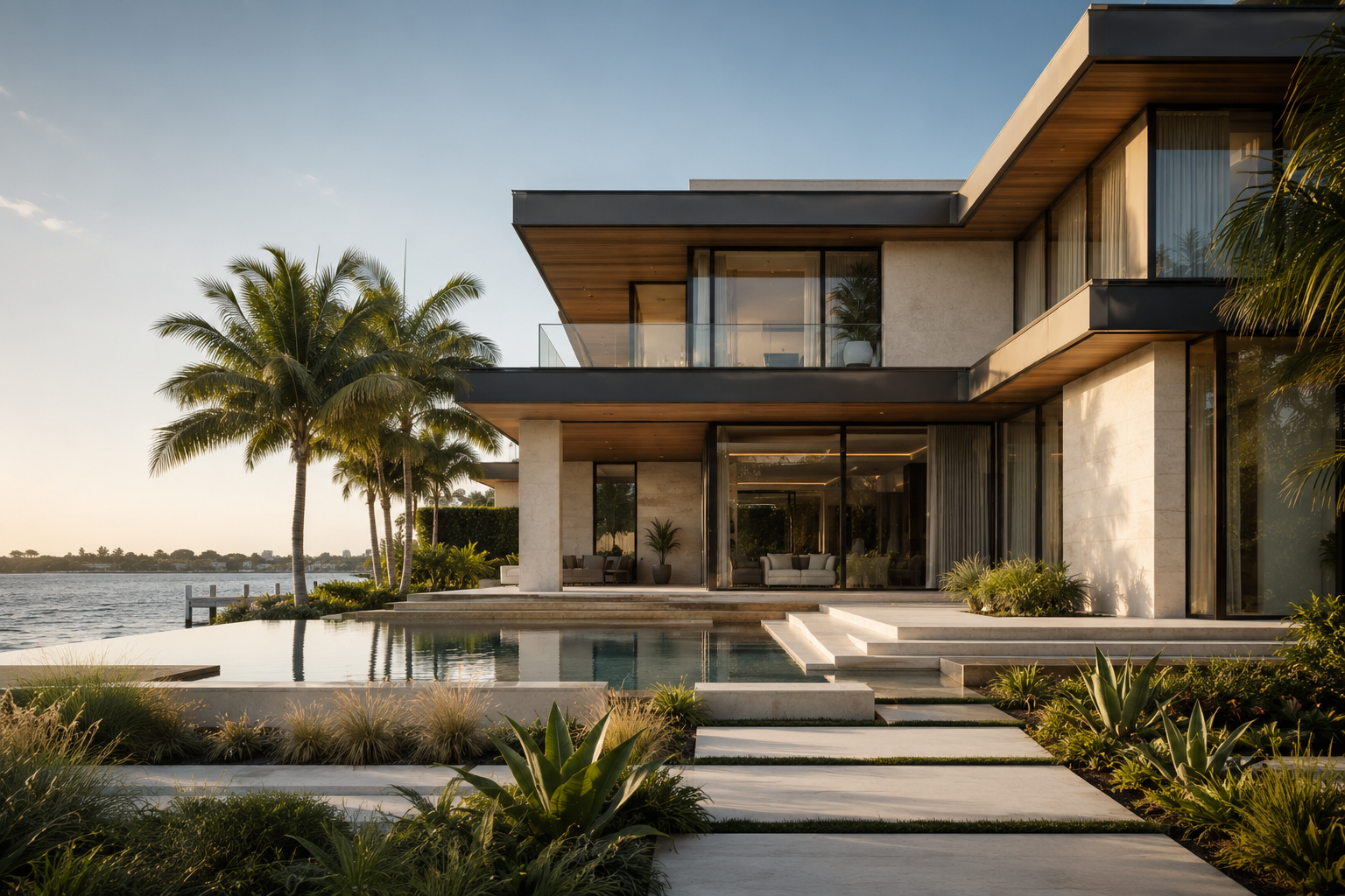 Waterfront modern residence with infinity pool and palms at golden hour